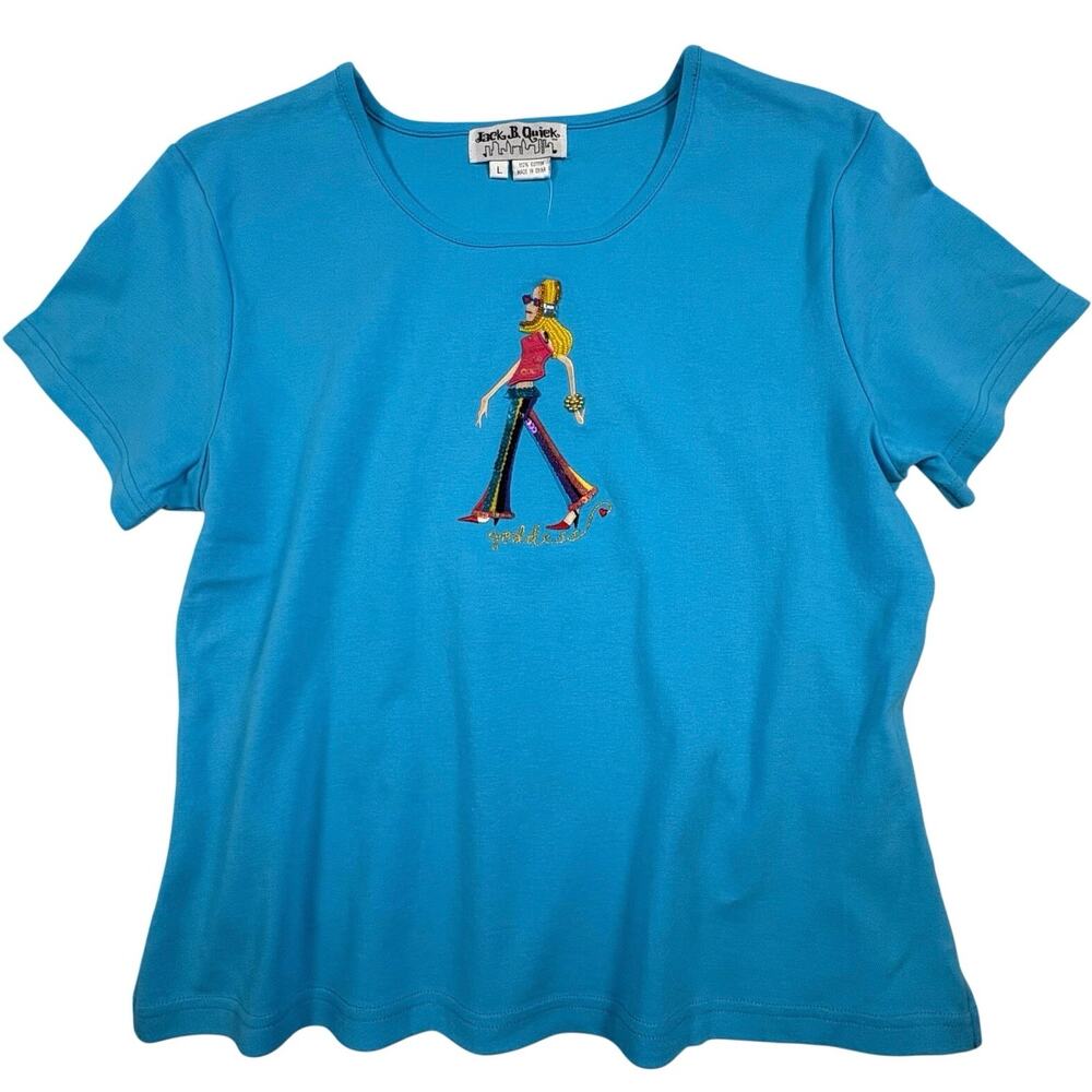 Jack B. Quick Vintage Embellished T-shirt Women's L Turquoise Y2K Bling NWT
